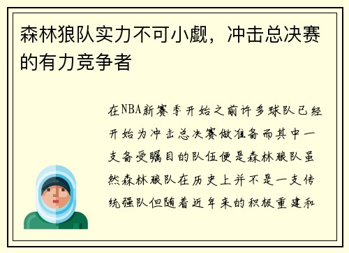 森林狼队实力不可小觑，冲击总决赛的有力竞争者